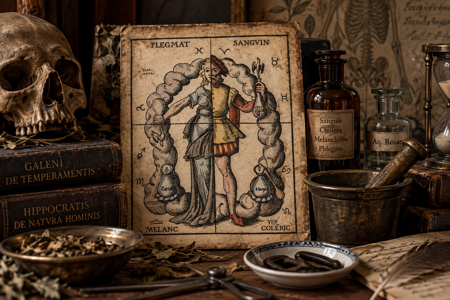 Antique medical books and an illustration representing the four humours theory of blood, phlegm, yellow bile, and black bile