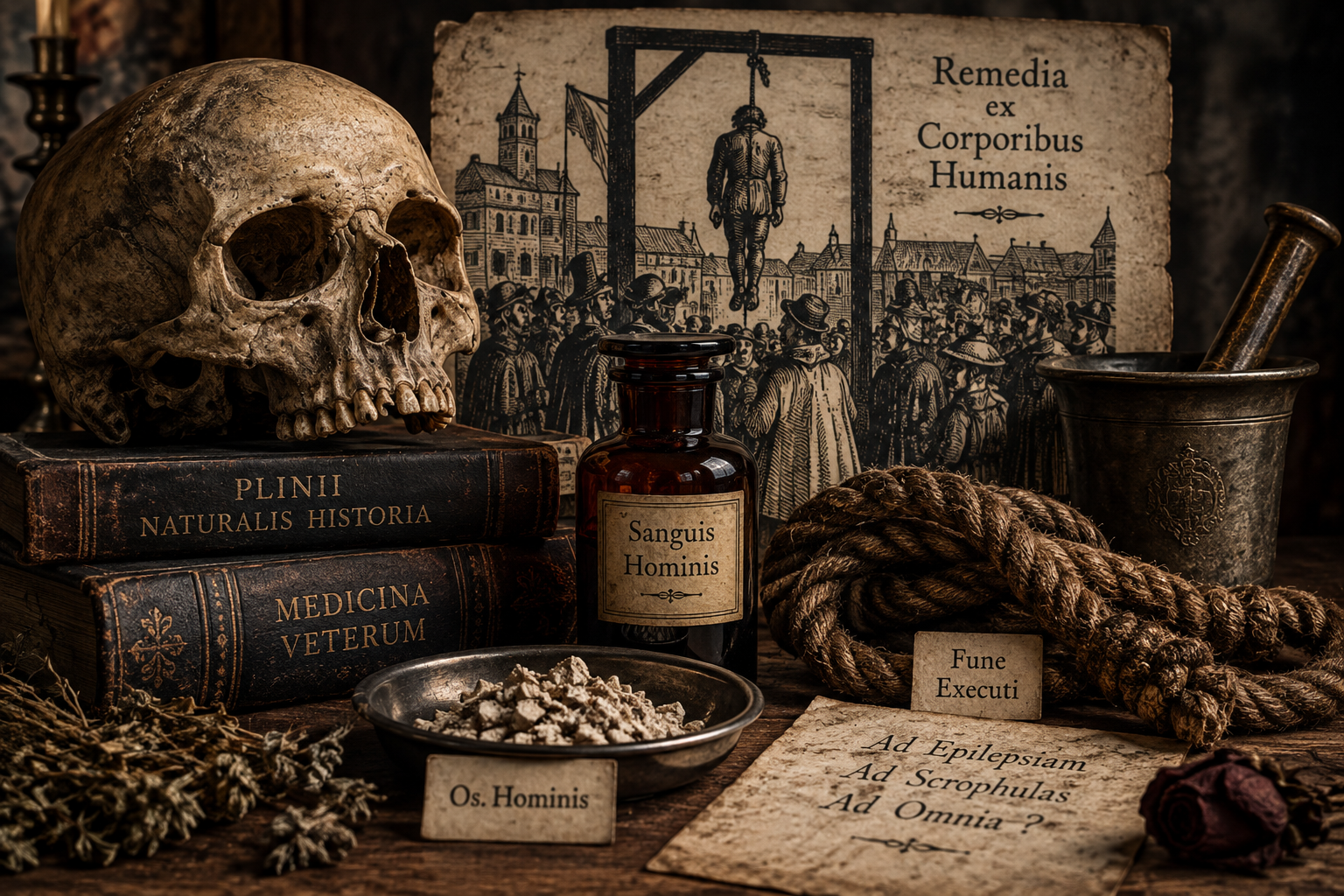 Dark historical still life with skull, human blood bottle, execution rope, medical books, and old hanging illustration representing corpse medicine