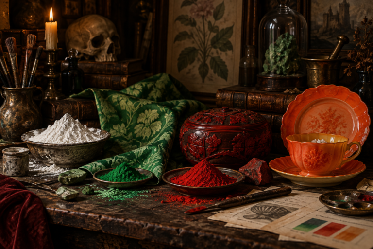 Antique display of toxic historical pigments, including white lead, arsenic green, vermilion red, and uranium-glazed orange ceramics
