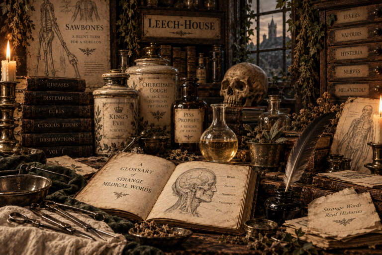 Vintage apothecary scene with old medical books, skull, urine flask, and labels for strange historical medical terms