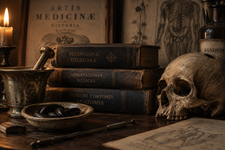 Antique medical books, leeches, skull, and surgical tools representing bizarre medical treatments in history