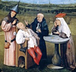 Detail of a painting showing a surgeon cutting a seated man’s head while two observers watch.