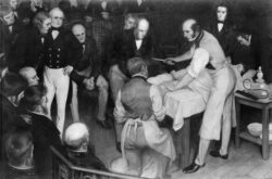 Robert Liston performing surgery under ether anaesthesia before observers in an operating theatre.